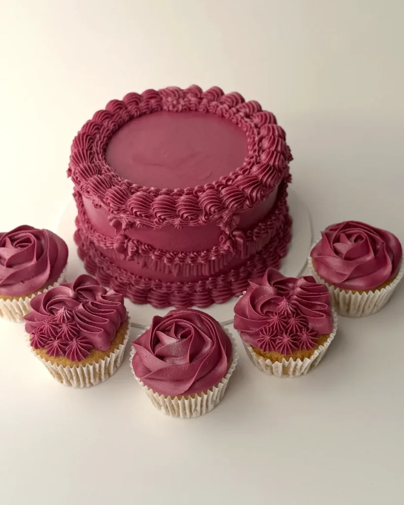 Bordeaux vintage taart met bijpassende cupcakes